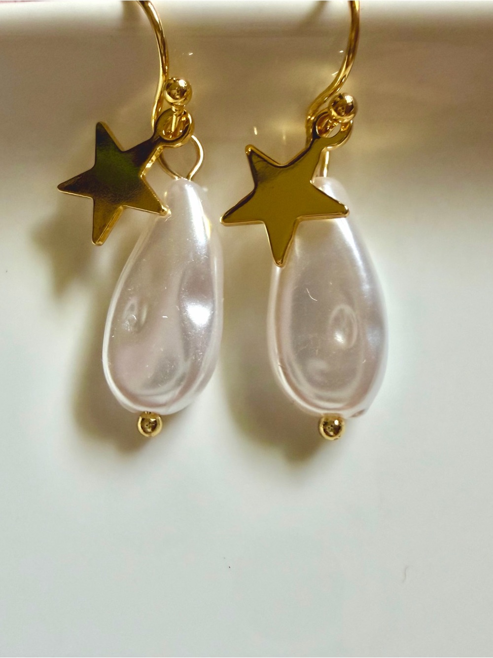Gold Star & Pearl Teardrop Dangle Earrings